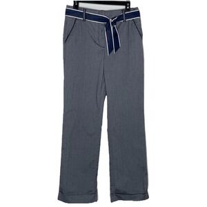 Talbots Womens 6 Cotton Stretch Herringbone Pants Navy White Wide Leg Cuff Belt
